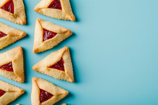hamantaschen cookies with jam lie on the blue background, minimalism, studio light, copy space. Traditional Israeli dish for Purim. 