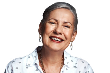 Elderly woman, portrait and happy in retirement, grandmother and positivity in headshot. Pension,...