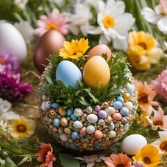 Fototapeta na wymiar Easter egg shape made of flowers, leaves and quail eggs. Natural Floral pattern