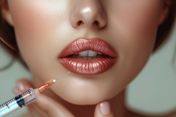 Cropped sensual female lips, procedure lip augmentation, Syringe near woman's chin, beauty injections with fillers for lips correction. Generative AI. - obrazy, fototapety, plakaty
