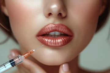 Fotobehang Cropped sensual female lips, procedure lip augmentation, Syringe near woman's chin, beauty injections with fillers for lips correction. Generative AI. © visoot