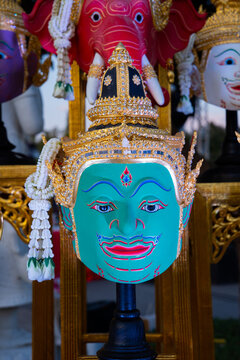 Khon mask. A model of thai actor Khon mask. (Thai traditional dance) Use in khon thai classical style of ramayana story. actor mask. Vishnu head mask. Indra.