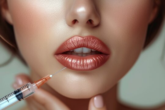 Cropped sensual female lips, procedure lip augmentation, Syringe near woman's chin, beauty injections with fillers for lips correction. Generative AI.