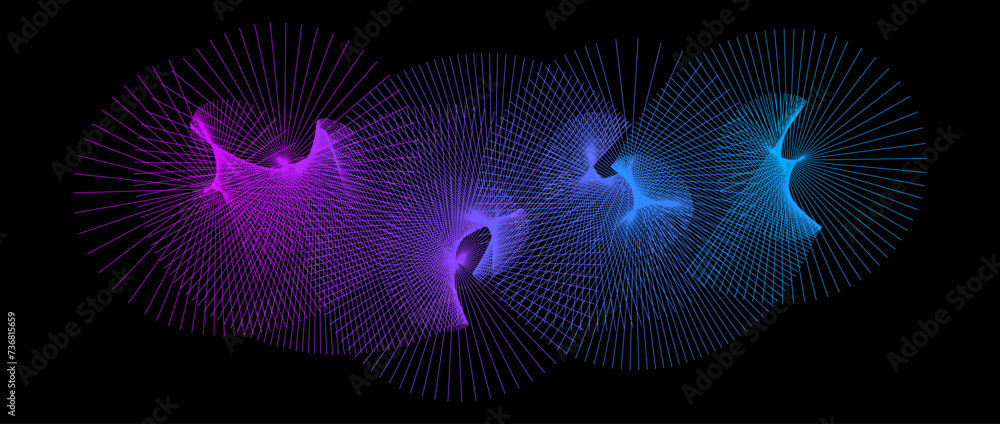 Aufkleber Neon radiating spiral shape pattern. Abstract spreading rotating lines. Blue purple spinning circle on black background. Futuristic cloud concept. Digital aurora and moire effect. Vector backdrop
