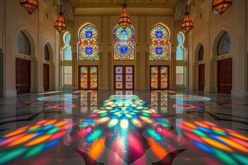 Mosque entrance hall with sunlight filtering through stained glass windows