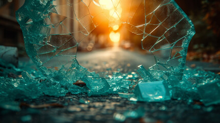 Closeup of shattered gl shards tered on the ground.