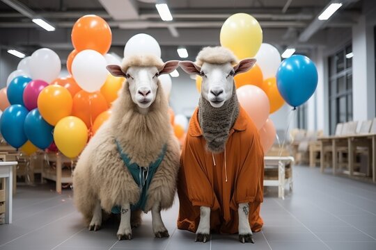 Close up of two sheep at the celebration. Birthday party, colorful balloons in the background.
