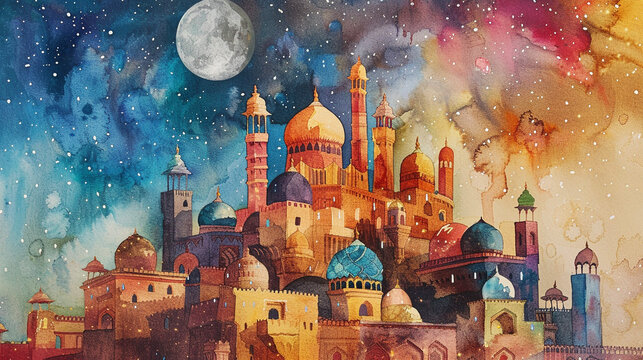 幻想的なイスラム建築のお城と夜空に輝く月　Generative AI
