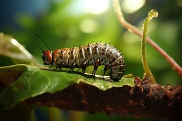 Naklejka premium A close-up of a caterpillar beginning its metamorphosis into a butterfly, symbolizing change
