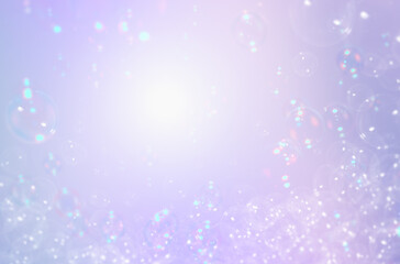 Beautiful Transparent Soap Bubbles Floating in The Air. Abstract Purple Textured Background. Celebration Festive Backdrop. Freshness Soap Suds Bubbles Water.	
