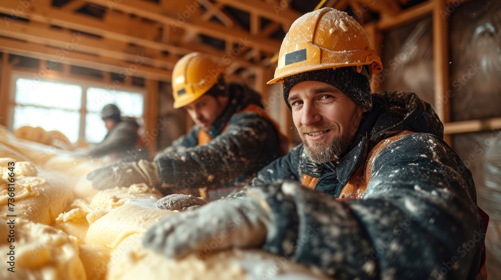 Poster in a bustling construction site workers use spray foam insulation to fill in crevices and gaps in th
