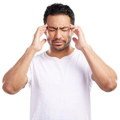 Isolated man, headache and stress with hands for temple massage for relief by transparent png...
