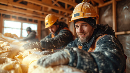 In a bustling construction site workers use spray foam insulation to fill in crevices and gaps in the walls creating a seamless layer of thermal protection. - obrazy, fototapety, plakaty