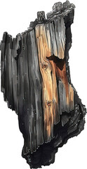 Burnt piece of wood isolated on transparent background. PNG
