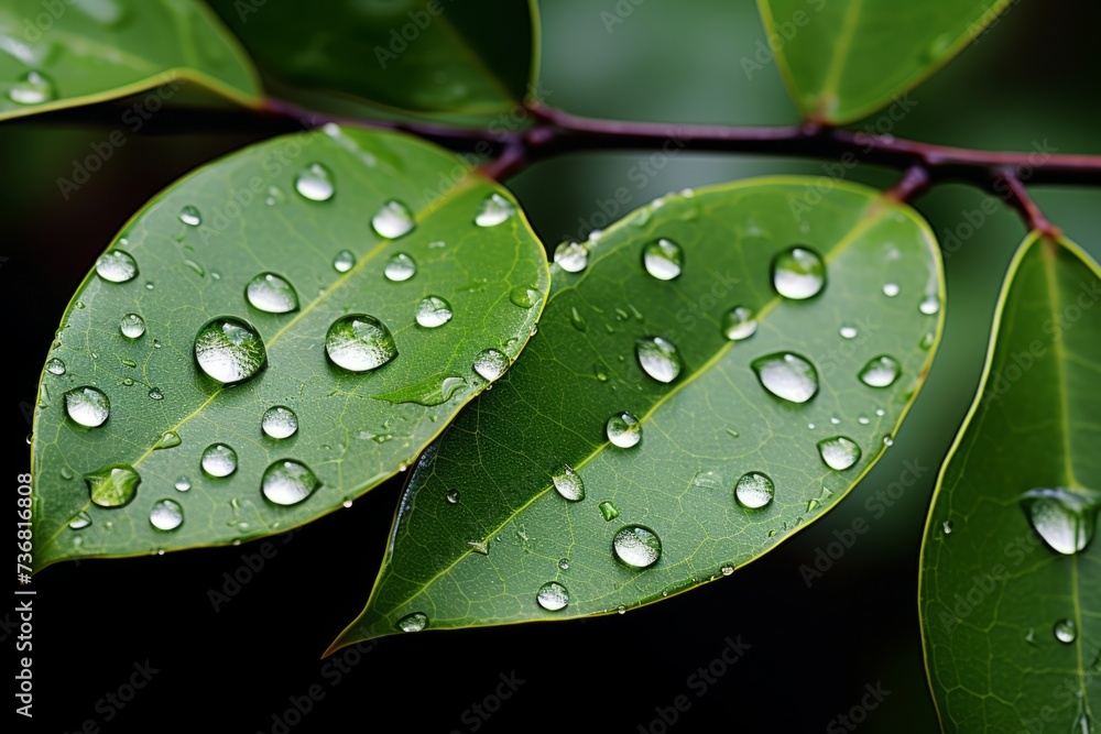 Poster a close up reflection of raindrops on the leaves of a tree