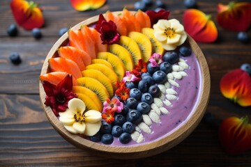 A colorful smoothie bowl with artistic fruit placement