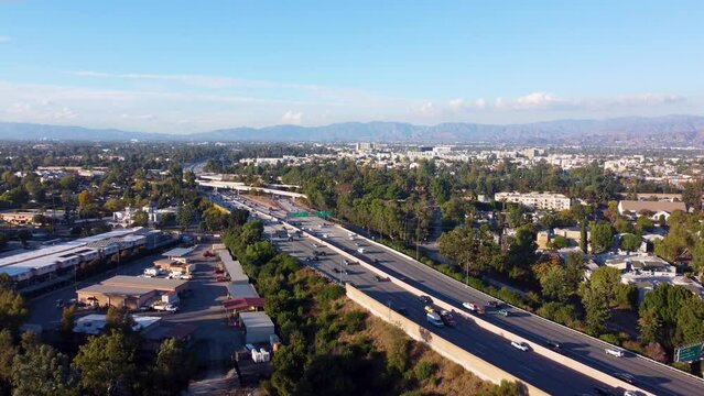 Static drone shot of the 170 and 101 in North Hollywood, California.