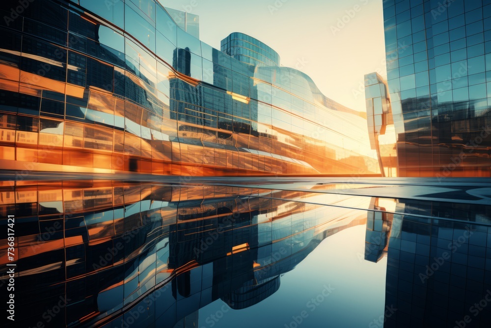Poster a mesmerizing reflection of a modern office building with abstract distortions