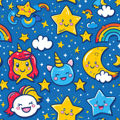 Obraz premium Funny cute fantasy unicorn doodles kawaii anime colorful repeat pattern 
