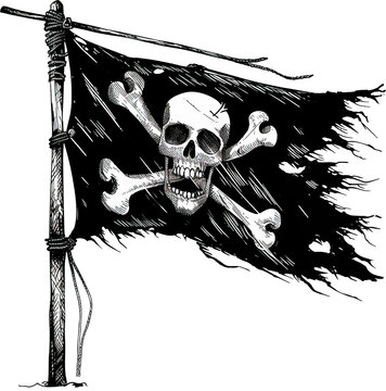 Pirate Flag With Black And White Skull Logo Isolated On Transparent Background. PNG