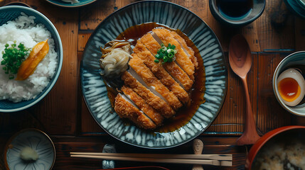 Japanese food, Tonkatsu pork cutlet with rice on wooden table