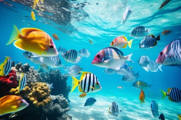 A school of colorful tropical fish in crystal-clear water