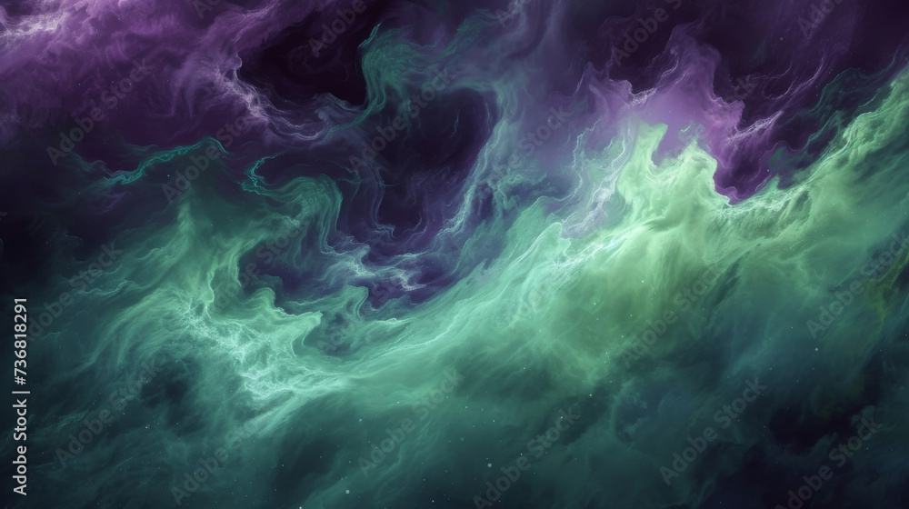 Poster a mysterious fusion of soft purples and shimmering greens reminiscent of the swirling mists and myst