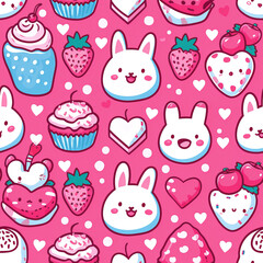 Funny cute bunnies doodles kawaii anime colorful repeat pattern 