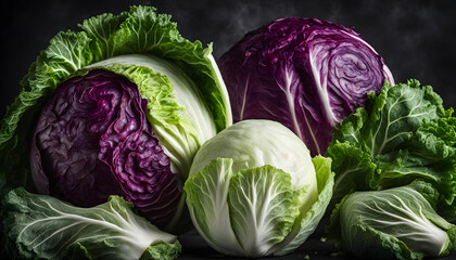 Fresh green and purple cabbage on a dark background. Still life with vegetables