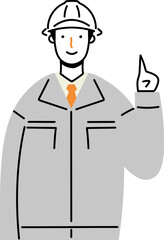 指を立てて説明する作業着を着た男性
