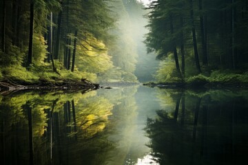 Fototapeta na wymiar A tranquil reflection of a forest reflected in the calm waters of a river