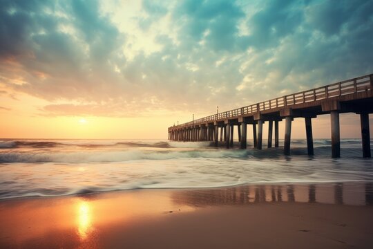A tranquil beach pier at the break of day