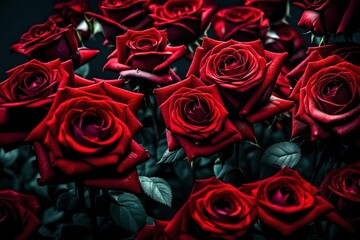 A close-up perspective capturing the rich color and texture of red roses, presented in mesmerizing