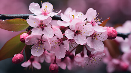 Vibrant Red Cherry Blossom Flowers on Branch