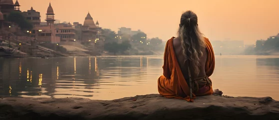 Foto op Plexiglas An old yogi was meditating on the bank of the Ganges River. It was quiet amidst the morning sunshine. Behind him is the view of Varanasi. It is a symbol of peace, tranquility and faith in Hinduism. © Chanawat