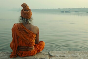 An old yogi was meditating on the bank of the Ganges River. It was quiet amidst the morning sunshine. Behind him is the view of Varanasi. It is a symbol of peace, tranquility and faith in Hinduism.