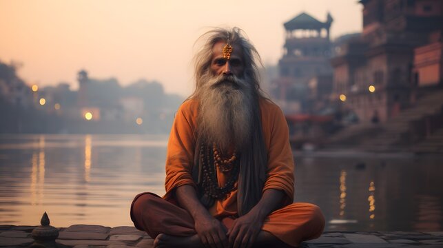 An old yogi was meditating on the bank of the Ganges River. It was quiet amidst the morning sunshine. Behind him is the view of Varanasi. It is a symbol of peace, tranquility and faith in Hinduism.