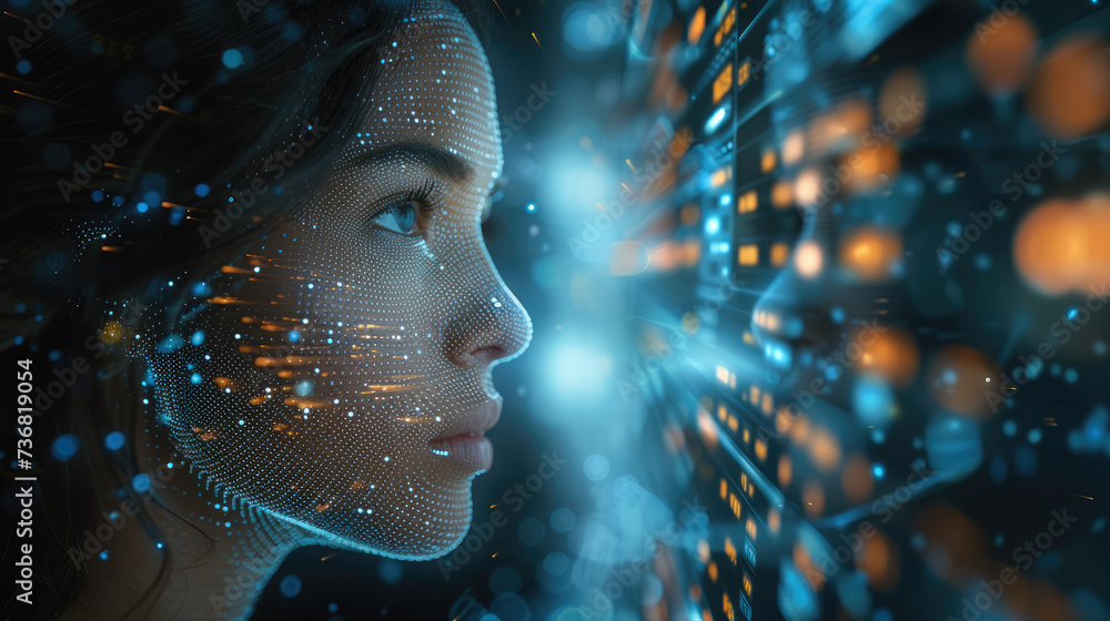 Poster a woman sits at the control panel of a global trading system on the blockchain, analyzing a stream o