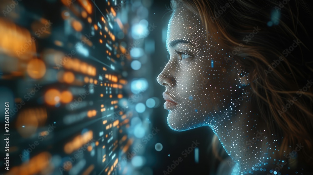 Fototapete A woman sits at the control panel of a global trading system on the blockchain, analyzing a stream of market data consisting of digital charts. and numbers moving around it. Generative AI.