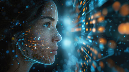 A woman sits at the control panel of a global trading system on the blockchain, analyzing a stream of market data consisting of digital charts. and numbers moving around it. Generative AI.