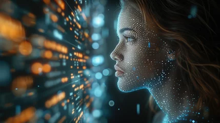 Foto op Plexiglas anti-reflex A woman sits at the control panel of a global trading system on the blockchain, analyzing a stream of market data consisting of digital charts. and numbers moving around it. Generative AI. © visoot