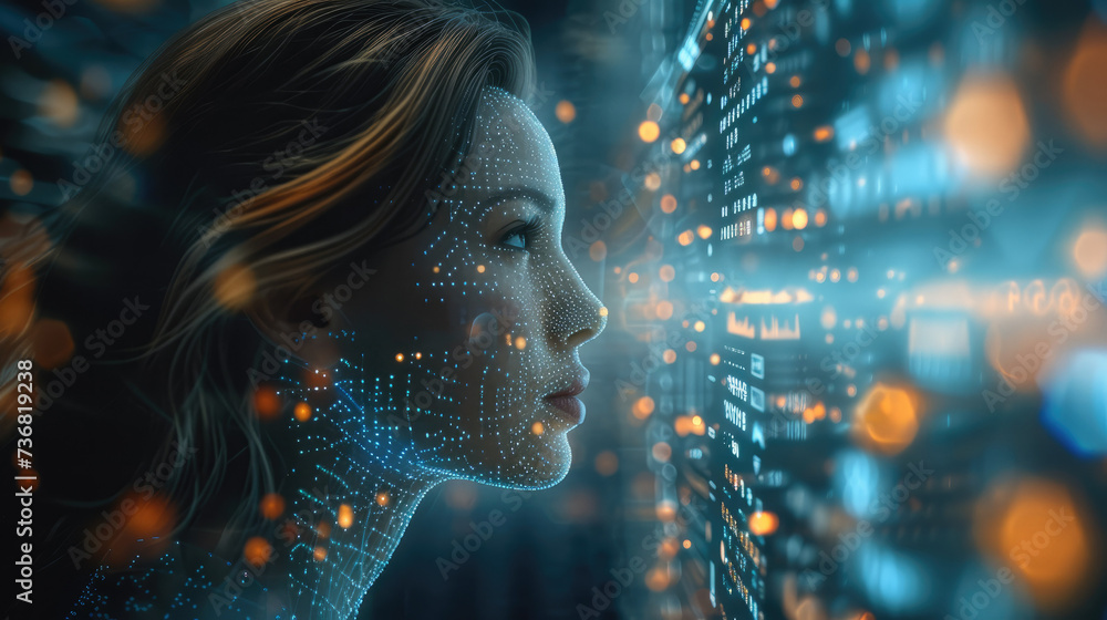 Poster A woman sits at the control panel of a global trading system on the blockchain, analyzing a stream of market data consisting of digital charts. and numbers moving around it. Generative AI.