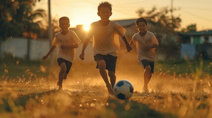 Asian boys happily chasing soccer ball on grass field. Generative AI.