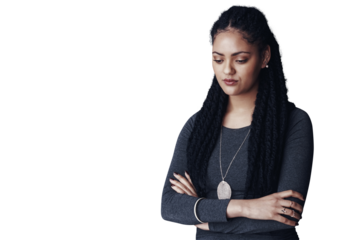 Woman, depressed and sad for mental health, anxiety and overwhelmed for feeling stressed and alone. Female person, burnout and unhappy for thinking, doubt and confused and standing by png background