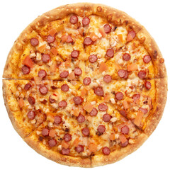 Delicious classic italian Pizza with sausages, chicken, pepper and cheese mozzarella. Fresh italian classic original pizza isolated on white background. Top view.