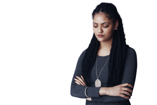 Woman, depressed and sad for mental health, anxiety and overwhelmed for feeling stressed and alone. Female person, burnout and unhappy for thinking, doubt and confused and standing by png background