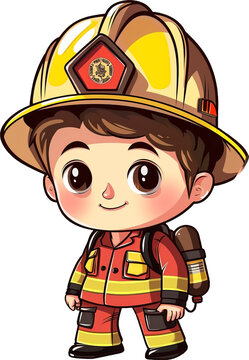 Cute boy dressed as a fireman, cartoon style, isolated on transparent background. PNG