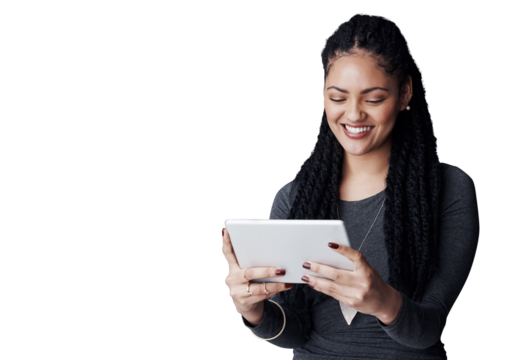 Business woman, smile or tablet for reading on company website, newsletter or social media for networking. IT consultant, positive and happy for technology and isolated on transparent png background - Powered by Adobe