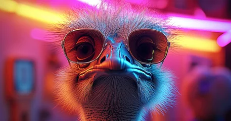 Foto op Plexiglas Funny ostrich wearing sunglasses, neon background. Generative AI. © visoot