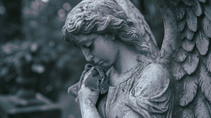 A mourning angel with a single tear rolling down her cheek clutching a small velvet bag in her hands and wearing a necklace with a lock of hair.